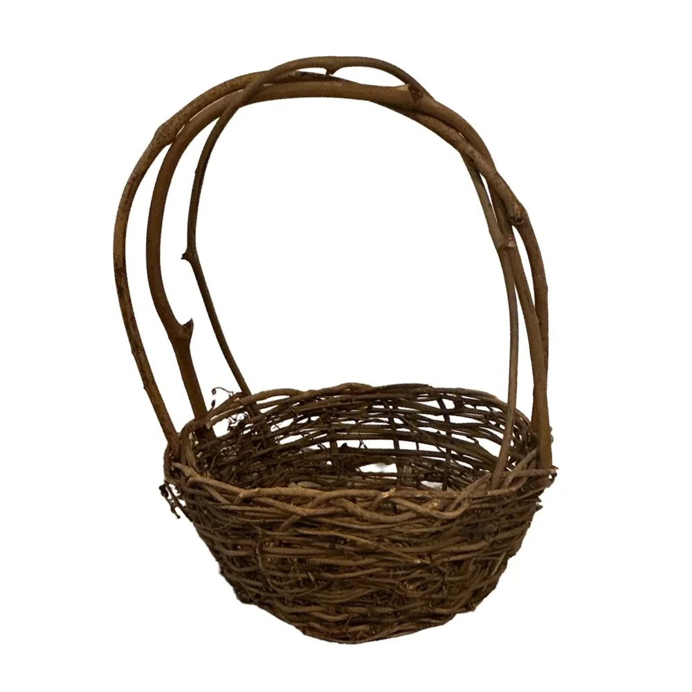 Vintage Rustic Grapevine Gathering‎ Basket with High Arch Handle Brown 14